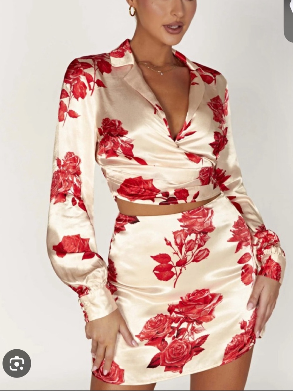 Meshki Cream Satin Mini Skirt with Red Rose Print